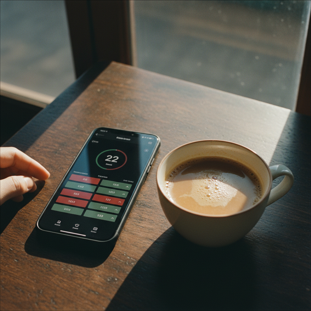 A close-up shot of a modern smartphone resting on a wooden cafe table in Mumbai, showing a browser with a rapid timer and color-coded data charts.