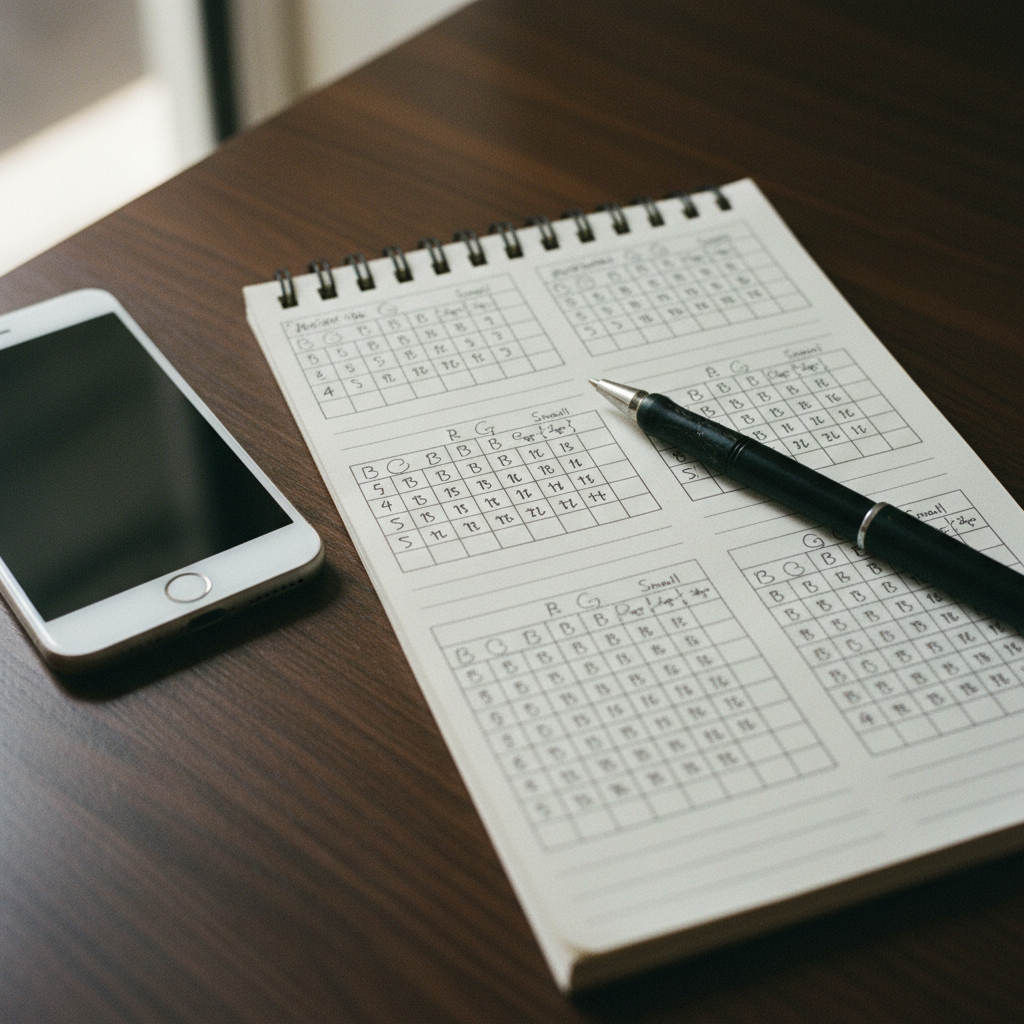 A person at a wooden desk in Mumbai, using a mobile phone and a notebook to track game patterns during the afternoon.