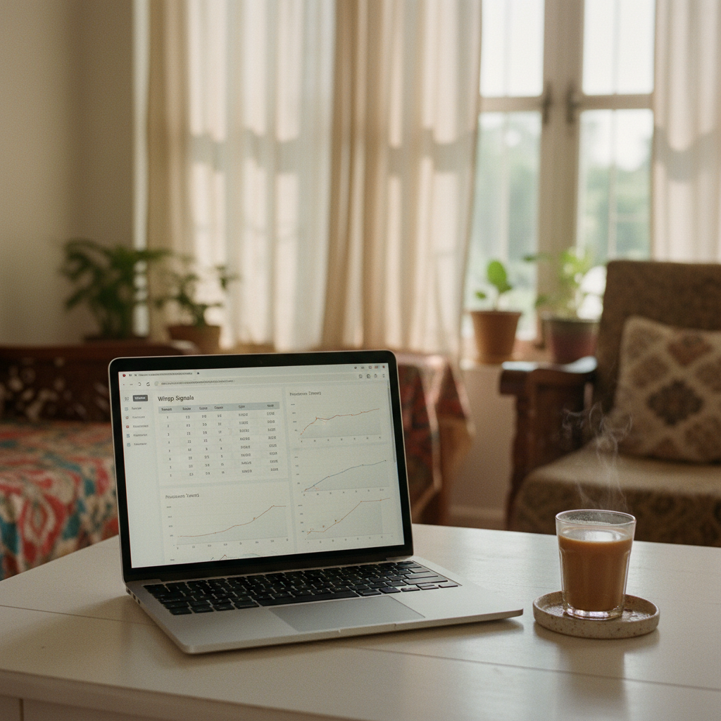 A clean workspace featuring a laptop showing a data dashboard next to a cup of chai.