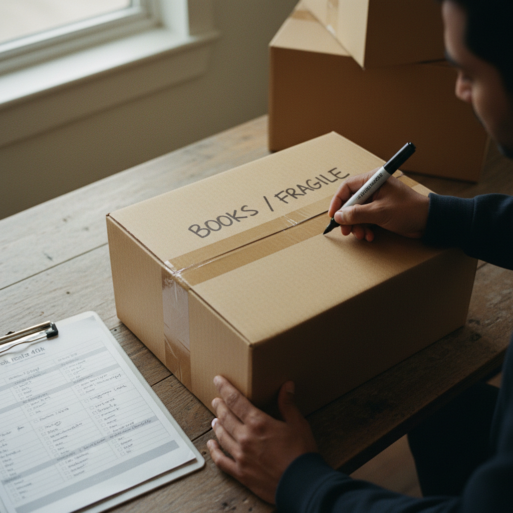 A moving professional labeling a box with a black marker in a residential room.