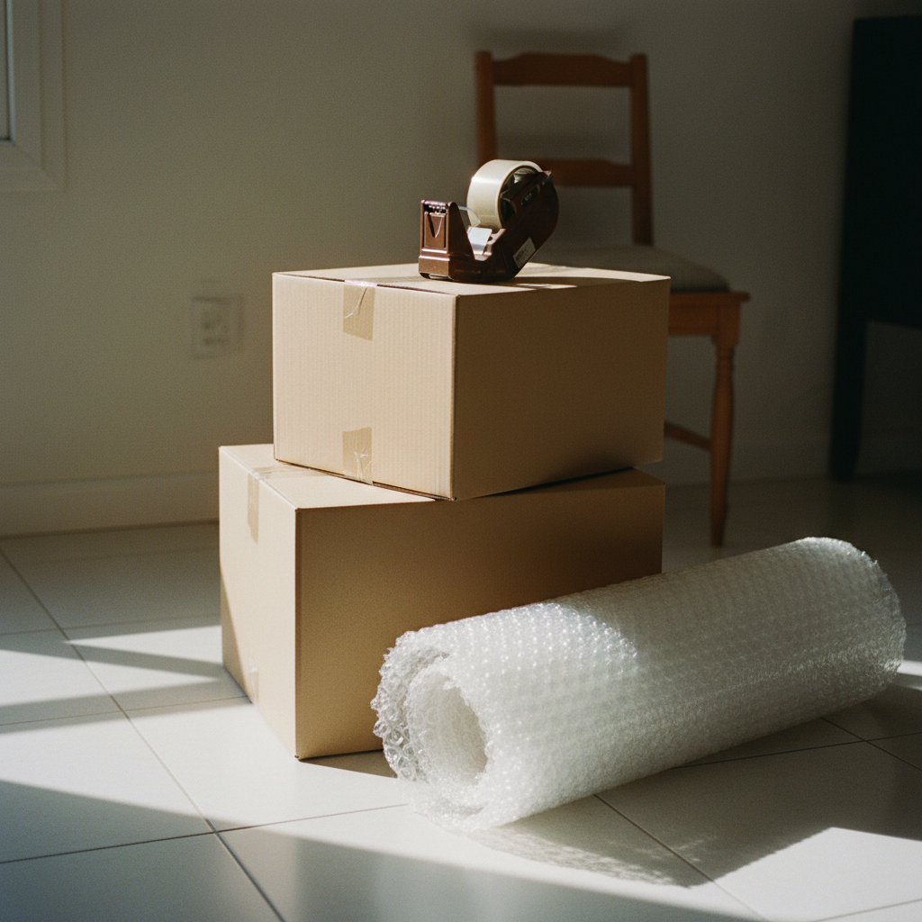 A stack of heavy-duty cardboard boxes and a roll of bubble wrap on a tile floor in an Indore apartment.