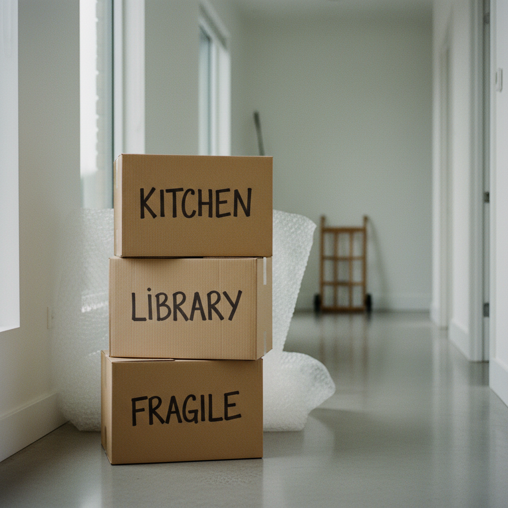 Stacks of high-quality corrugated cardboard boxes labeled for different rooms in a well-lit residential hallway.