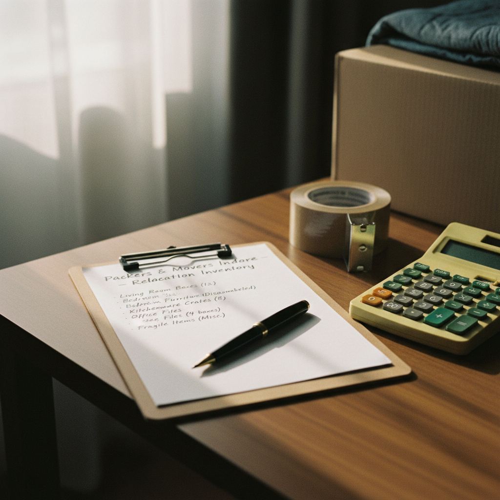 A professional moving inventory checklist resting on a wooden table next to a calculator and a roll of heavy-duty packing tape.