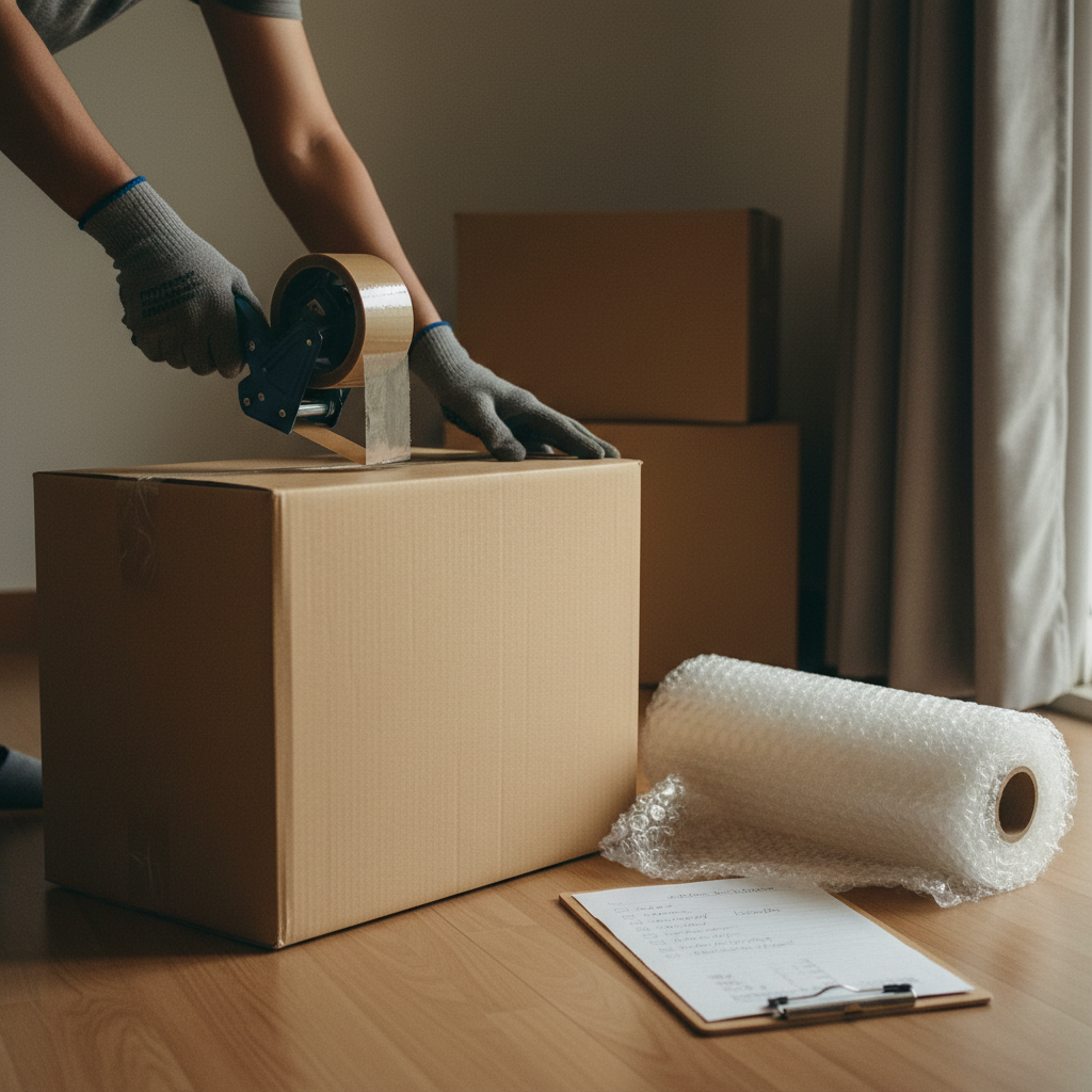 A professional mover in Indore carefully wrapping a wooden cabinet with high-quality bubble wrap and corrugated sheets.