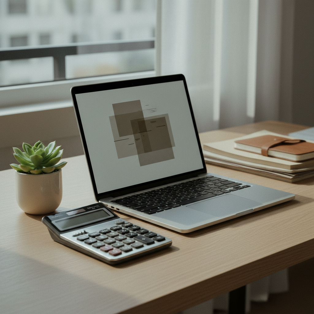 A clean workspace with a laptop showing a PDF document and a calculator.