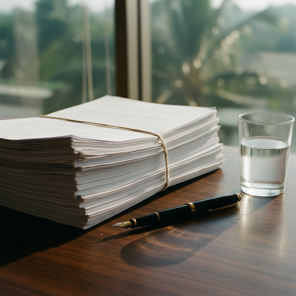 High-quality close-up of a printed financial audit report on a teak wooden desk with a vintage fountain pen.