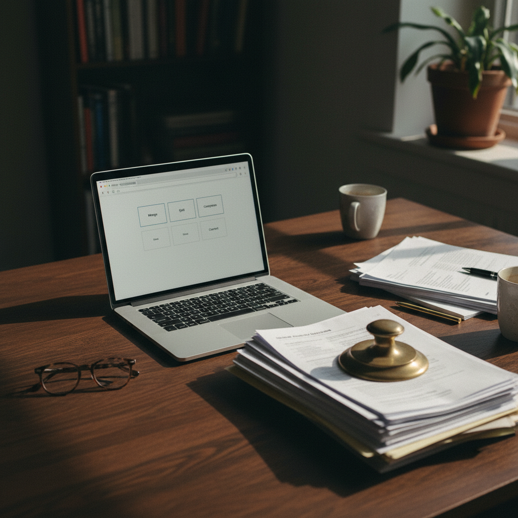 A close-up of a wooden desk with a minimalist laptop and a stack of printed legal briefs in a sunlit American office.