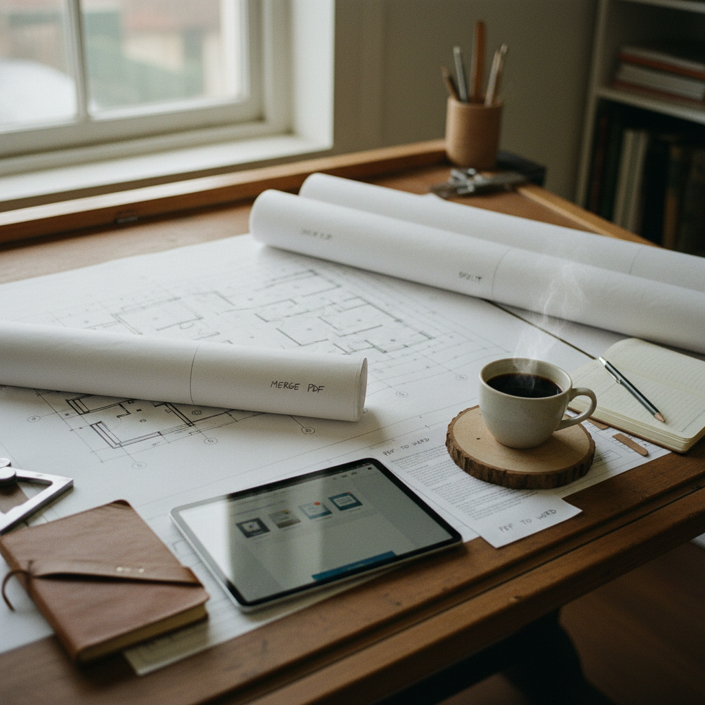 A professional at a drafting table reviewing a complex engineering diagram alongside a tablet.