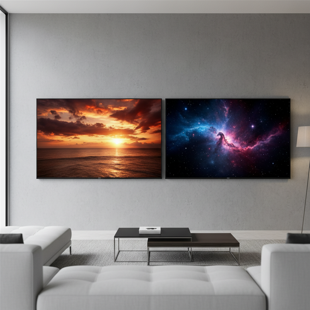A side-by-side comparison of two high-end 2026 televisions in a modern living room setting.