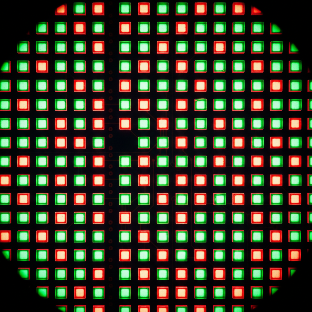 A close-up macro view of a television panel showing the pixel structure of an RGB Mini-LED.