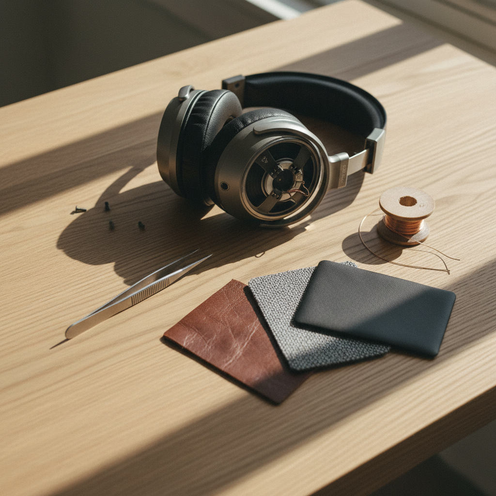 A close-up of a disassembled pair of high-end headphones on a wooden workbench with copper wiring and various ear pad materials.