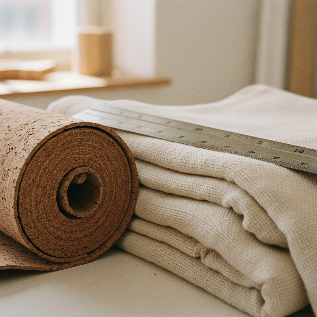 A macro shot of organic cotton and cork material samples used for sustainable audio headbands.