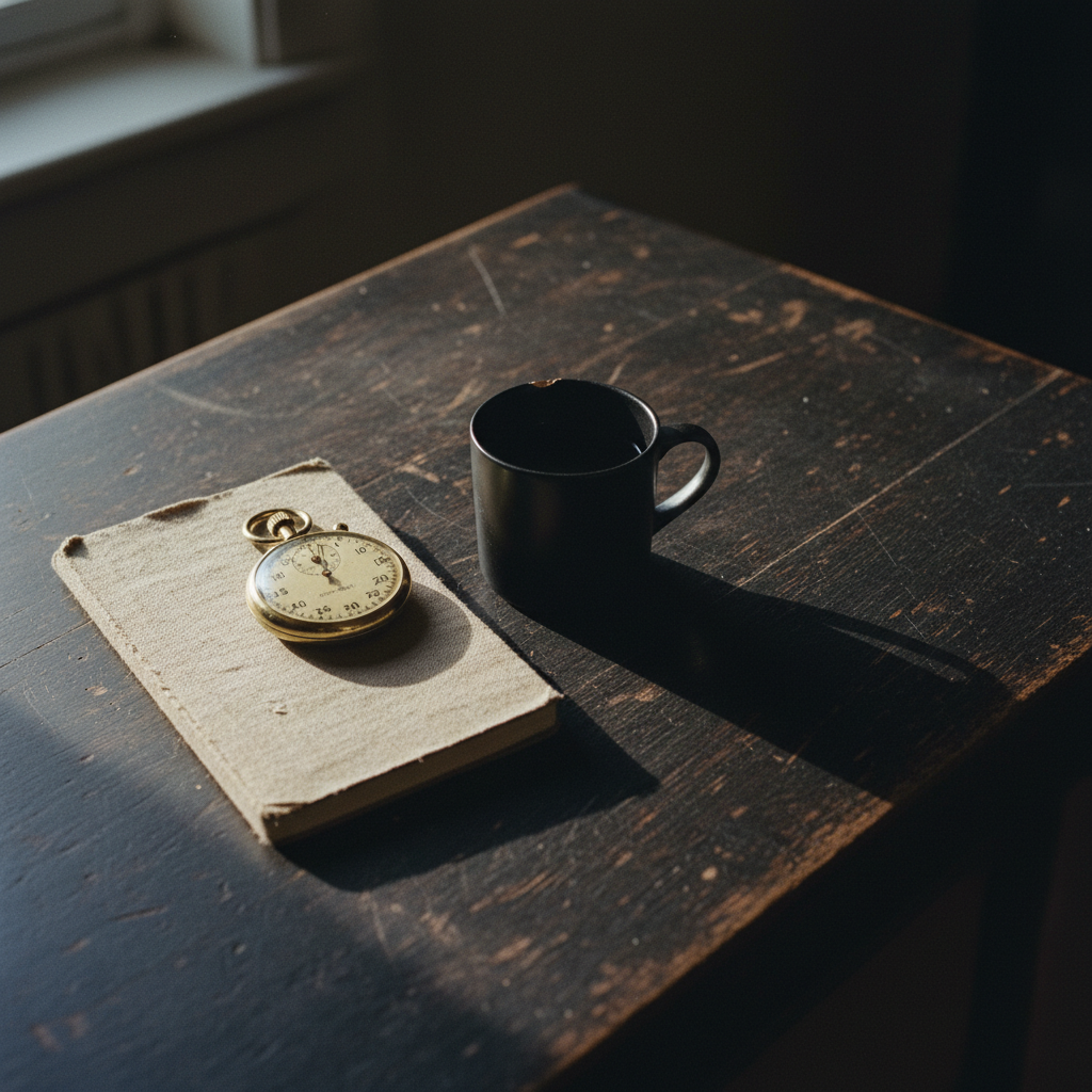 A minimalist wooden desk with a mechanical stopwatch, a notebook, and a ceramic mug of coffee in soft morning light.