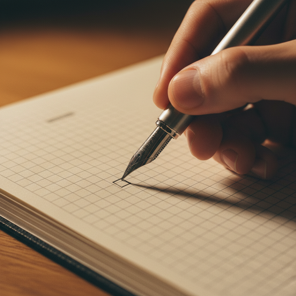 Close up of a person's hand marking a small 'X' in a habit tracker journal with a fountain pen.