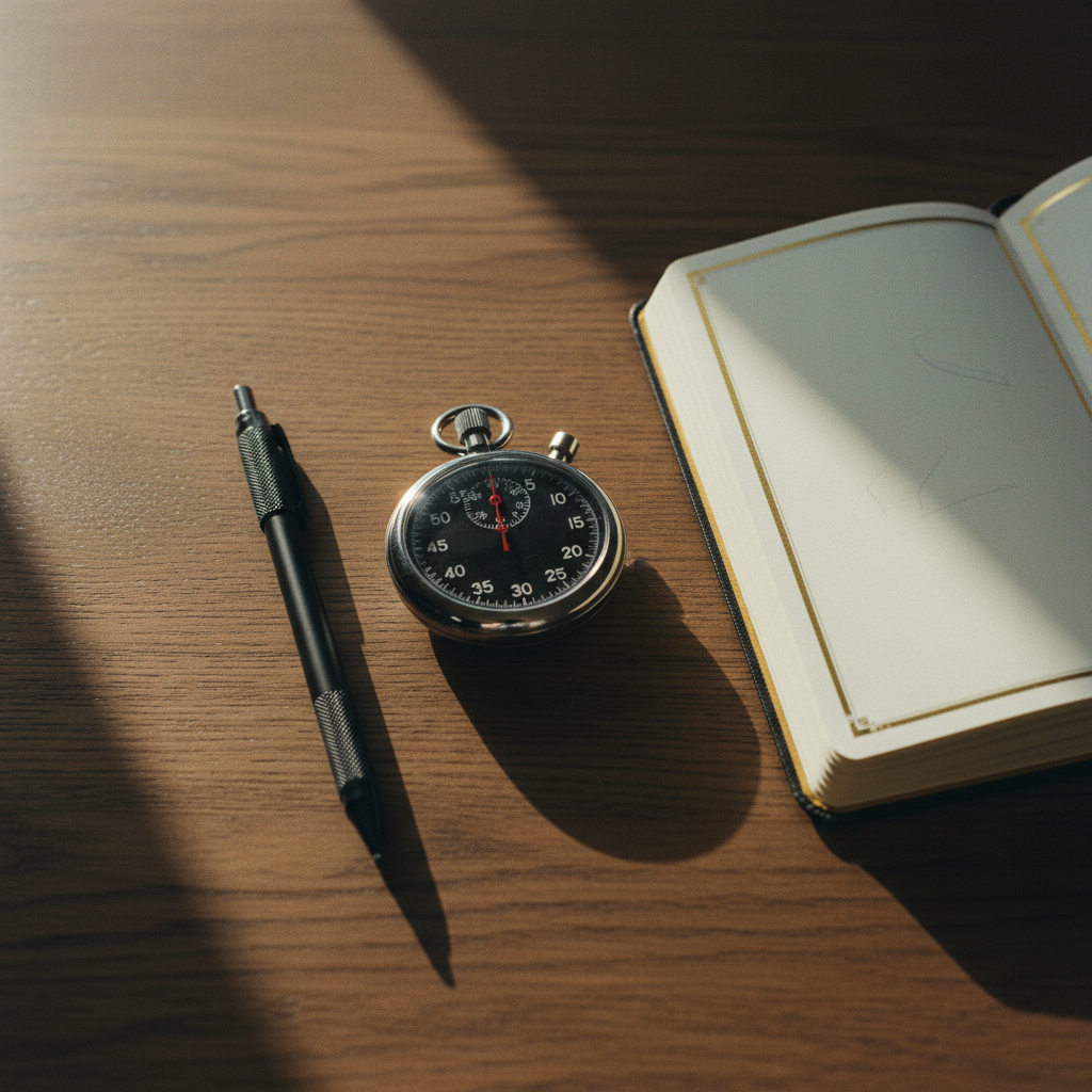 A bird's eye view of a clean desk with a physical planner, a mechanical pencil, and a stopwatch during golden hour.