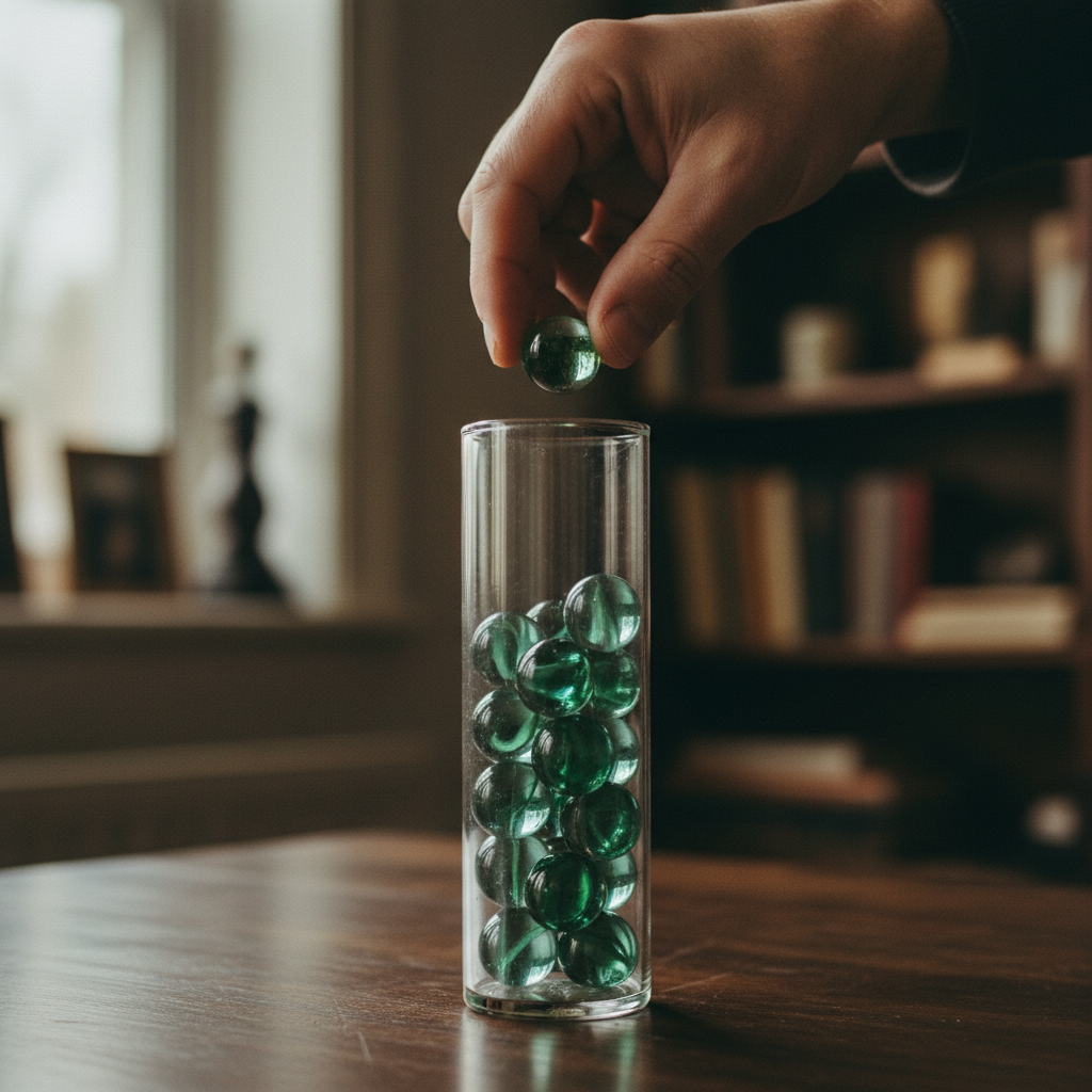 A close-up of a hand placing a glass marble into a clear jar, representing incremental progress and accumulation.