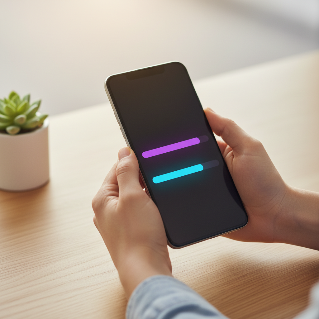 A focused individual using a sleek dark-mode productivity app on a futuristic smartphone in a minimalist workspace.