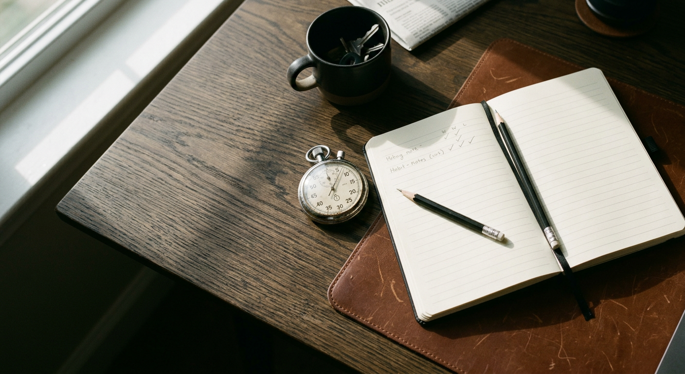 A structured morning routine setup with a journal, a vintage mechanical stopwatch, and a clean workspace.