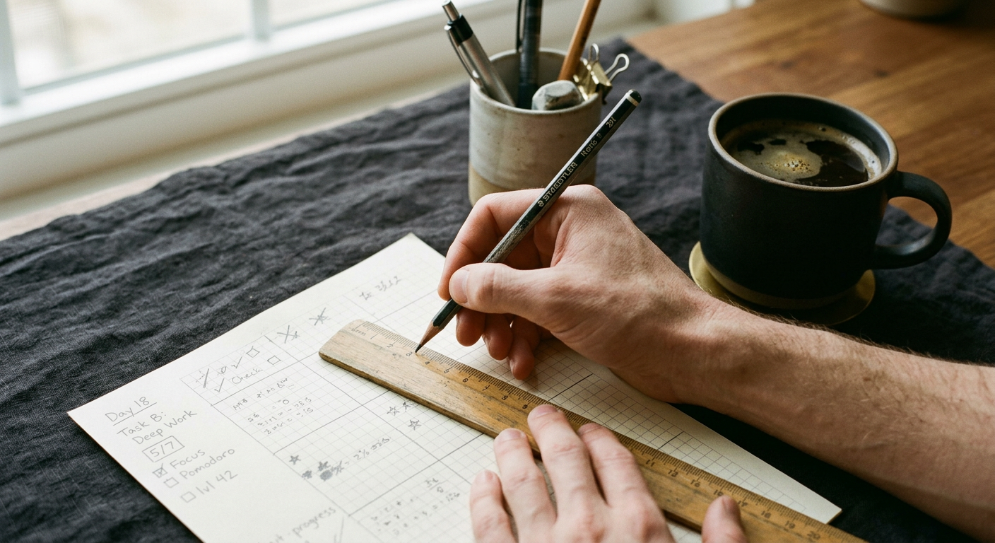 A hand-drawn progress chart on graph paper next to a cup of black coffee.