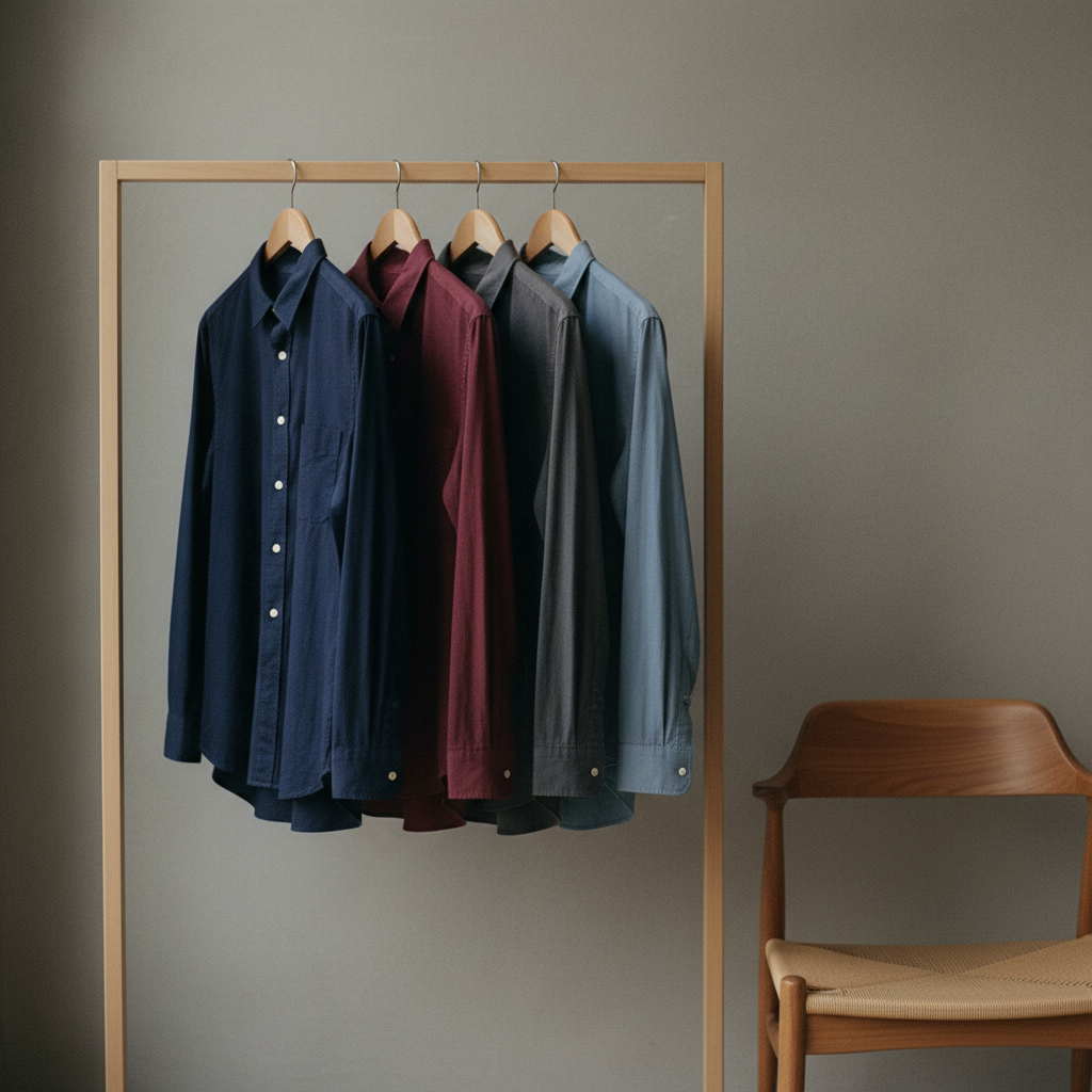 A wardrobe rack containing five simple shirts in solid, muted tones like navy, forest green, and charcoal grey.