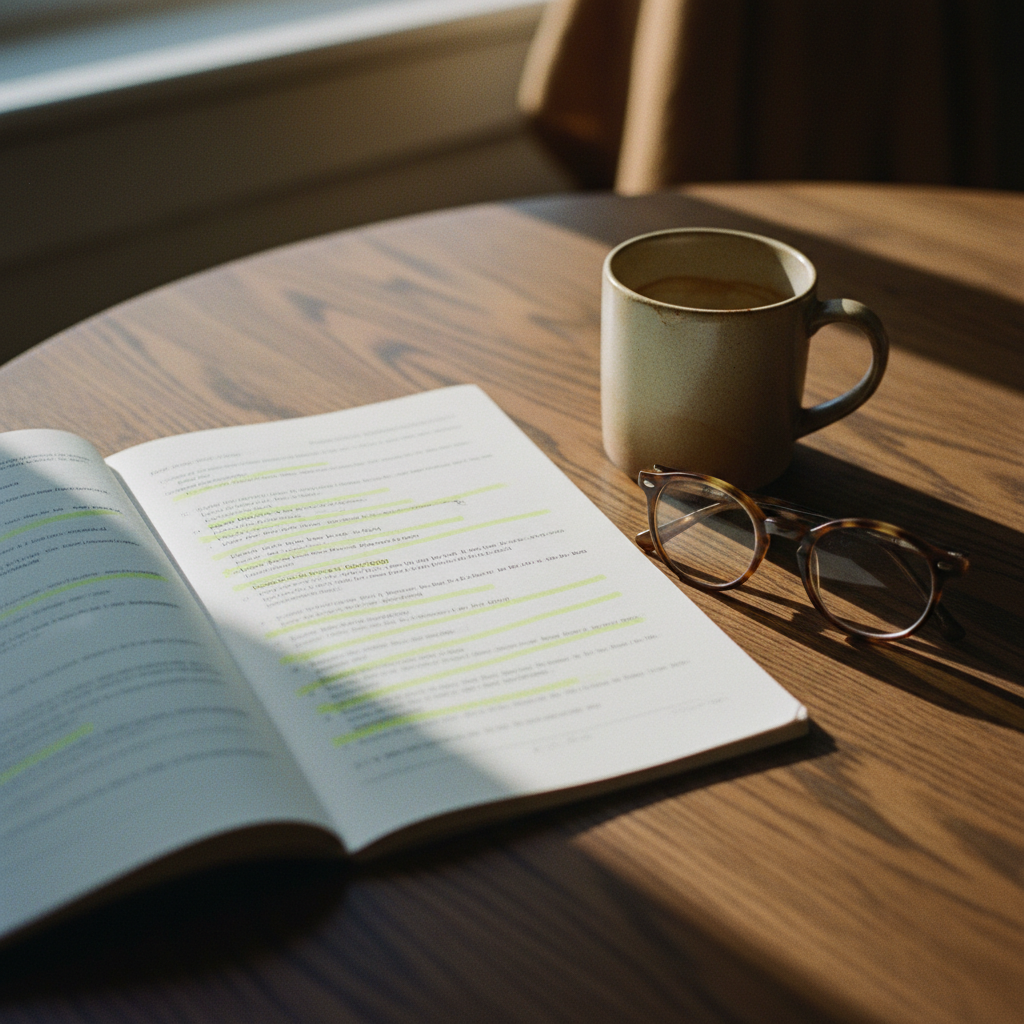 A vintage wooden table holds a script with highlighted lines, a simple ceramic coffee mug, and a pair of spectacles under soft morning light.