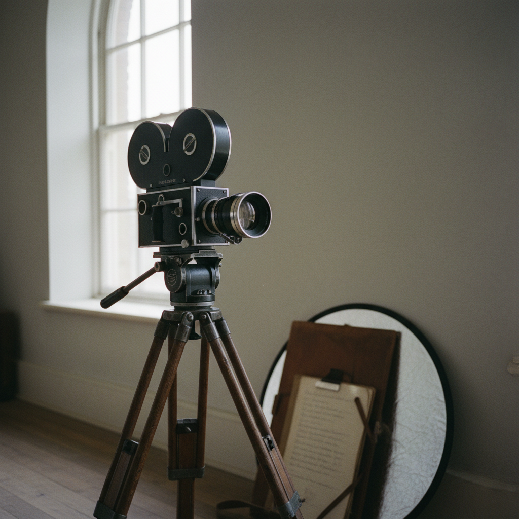 A vintage 35mm film camera on a heavy tripod in a sunlit studio.