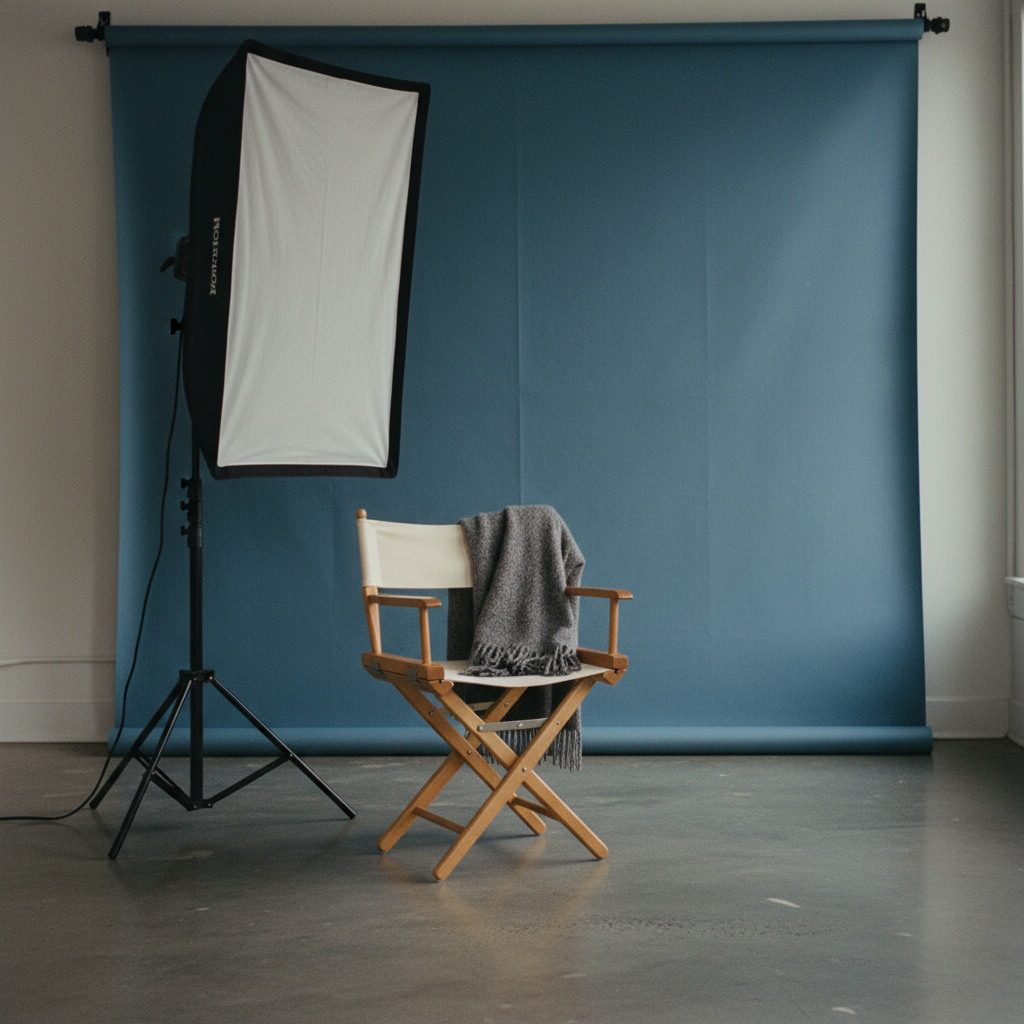 A professional lighting setup with a softbox and a neutral backdrop.