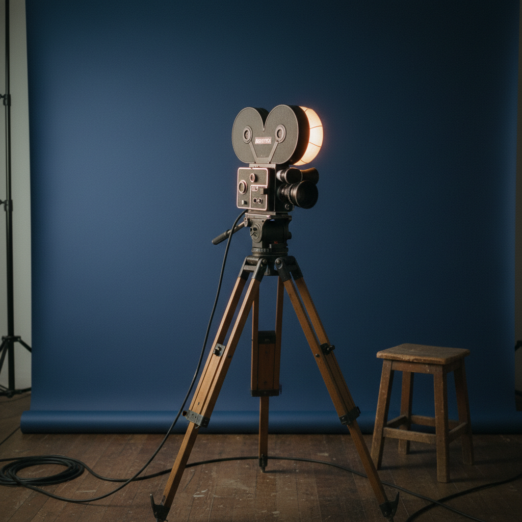A vintage film camera setup with a simple blue backdrop and a single soft light.