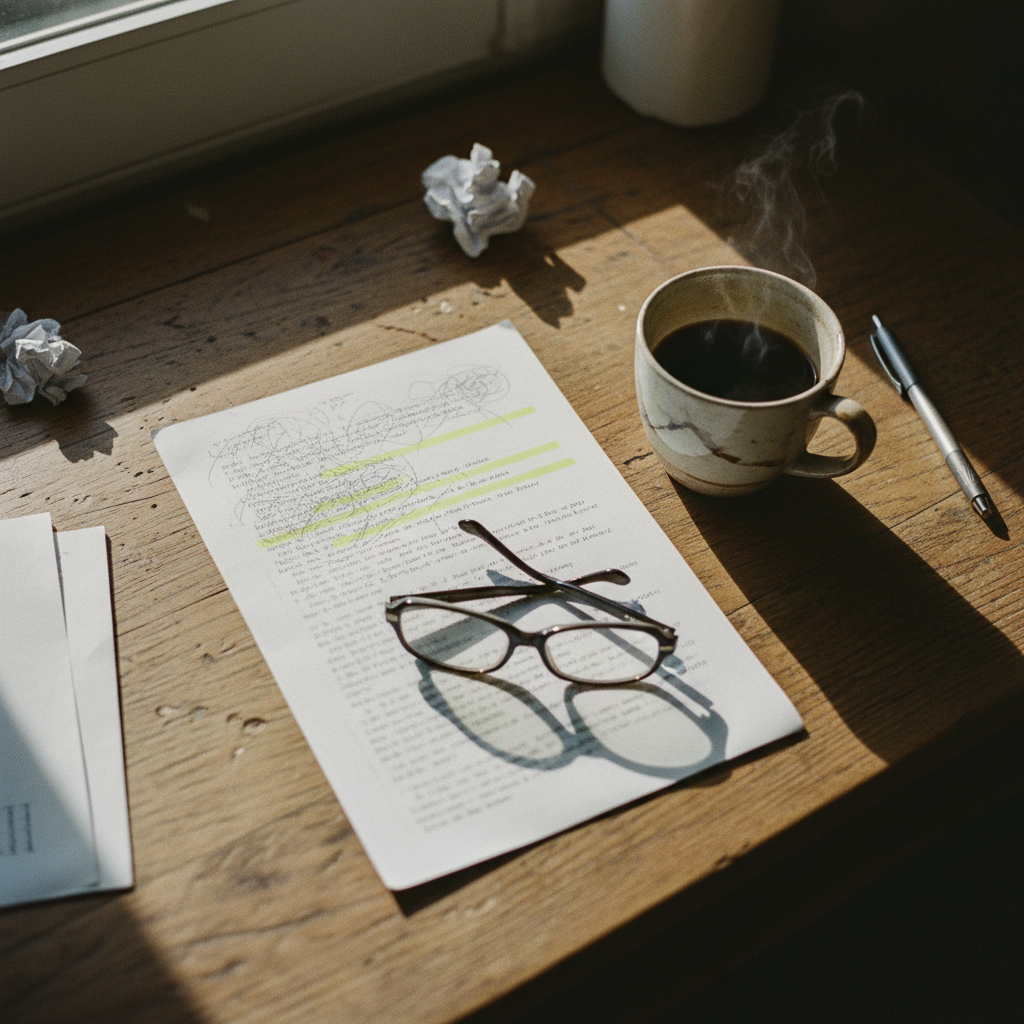 A handwritten script with margin notes and a highlighter on a wooden desk.