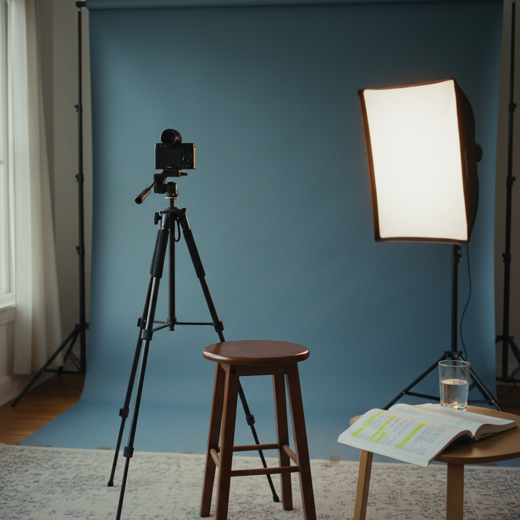 A professional self-tape setup with a ring light, a neutral blue backdrop, and a script held by a wooden clip.
