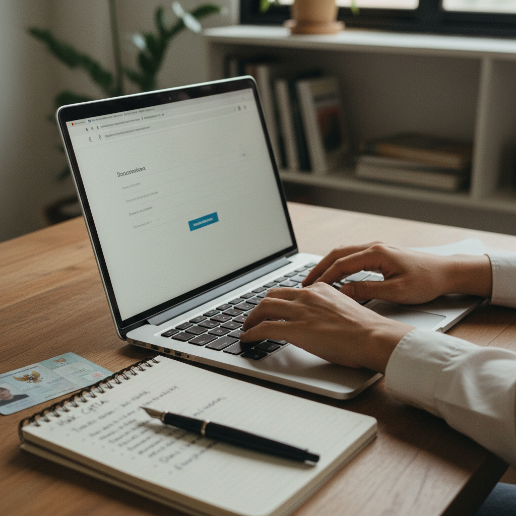 Proses pendaftaran HKI secara online dengan tampilan dokumen KTP dan formulir pendaftaran di layar.