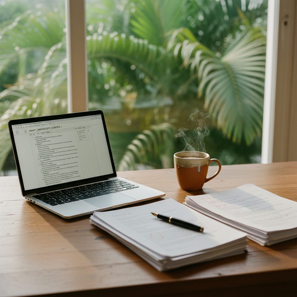 Meja kerja penulis dengan naskah tercetak, cangkir kopi, dan laptop yang menampilkan dokumen Word terbuka di pagi hari.