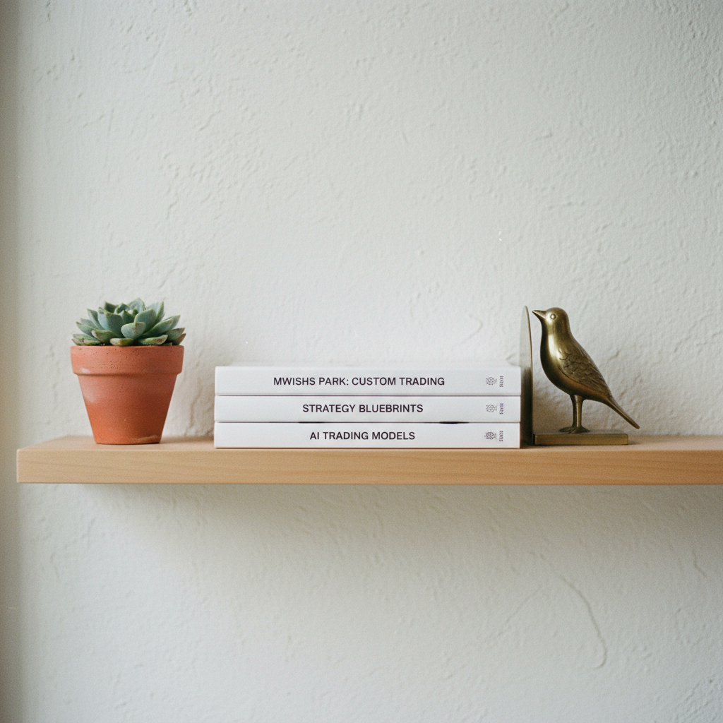 A collection of printed trading manuals and a stack of manila folders labeled 'Market Analysis' on a minimalist shelf.