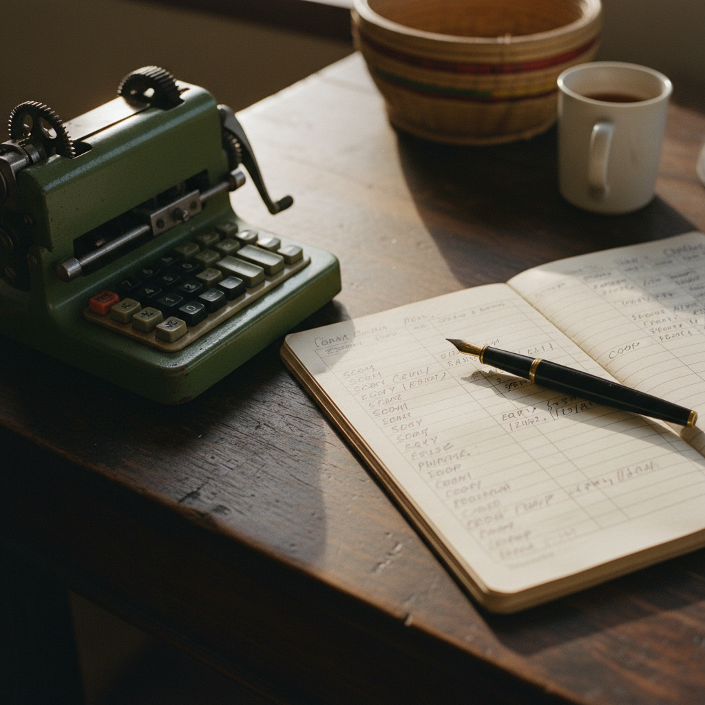 A close-up of a wooden desk with a vintage calculator, a printed financial ledger with handwritten notes, and a brass desk lamp.
