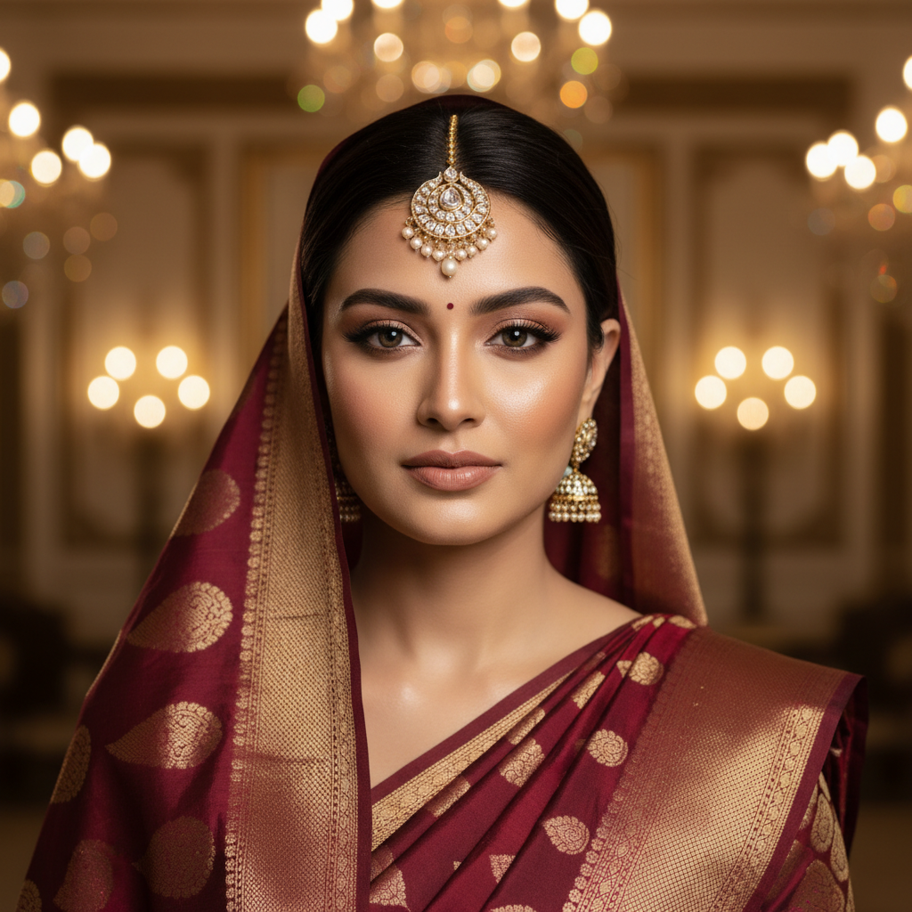 A stunning Hyderabad bride with glass skin and soft glam makeup wearing traditional gold jewelry.