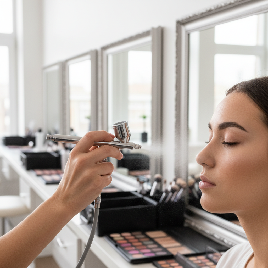 Professional makeup artist applying airbrush foundation to a client.