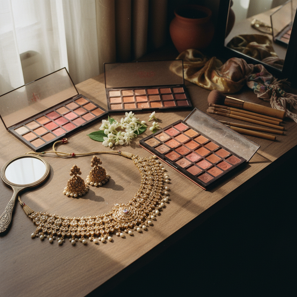 Close-up of traditional Indian bridal jewelry and high-end makeup palettes on a vanity.