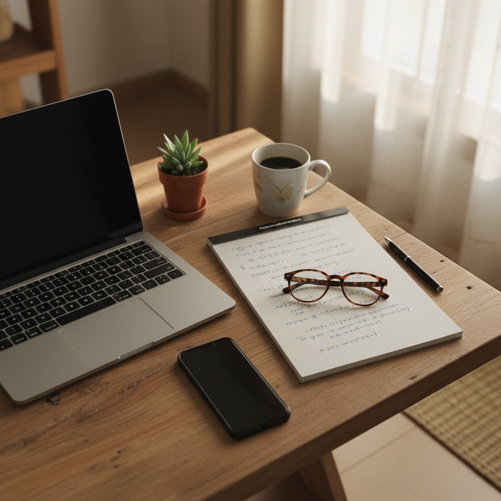 A student's desk in Lagos with a laptop, physical notebooks, and a glass of juice in natural morning light.