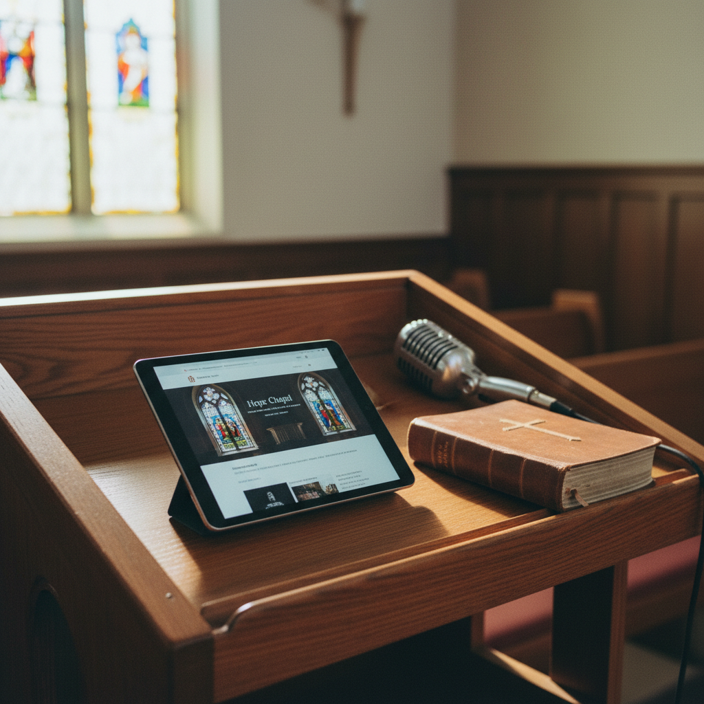 A wooden church pulpit with a tablet showing a responsive church website design alongside a Bible and a microphone.