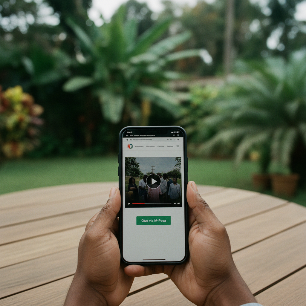 A close-up of a person in Nairobi using a smartphone to watch a church sermon video on a mobile-responsive website.