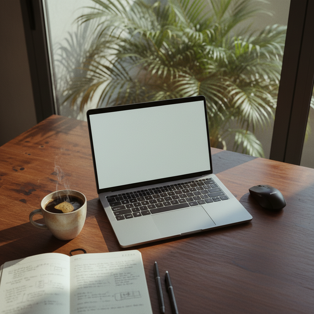 A clean, organized home office desk in a Lagos apartment with a Windows laptop and a notebook.