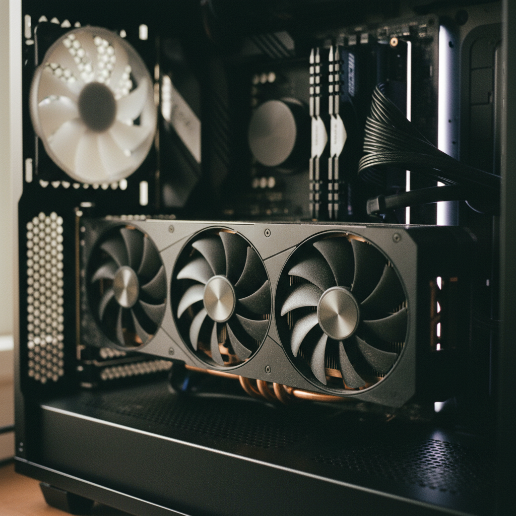 A close-up of a high-end graphics card installed in a PC tower.