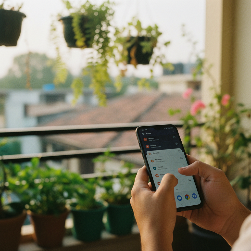 A person’s hands holding a smartphone while sitting on a balcony overlooking a bustling street in Bengaluru.