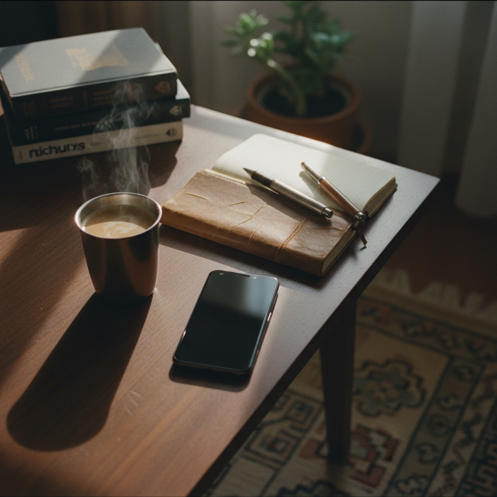A modern smartphone resting on a wooden desk next to a cup of masala chai and a notebook.