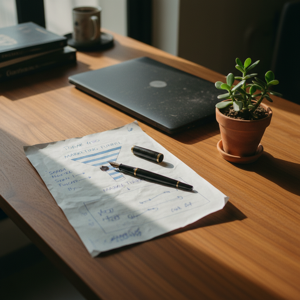 A clean wooden desk with a notebook, a professional DSLR camera, and a physical marketing strategy map laid out under warm morning light.