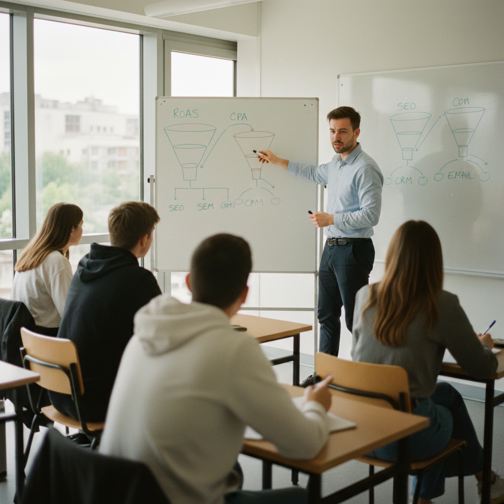 A group of adult learners in a Digifine classroom in Hyderabad, looking at a white board where a tutor is sketching a conversion funnel.