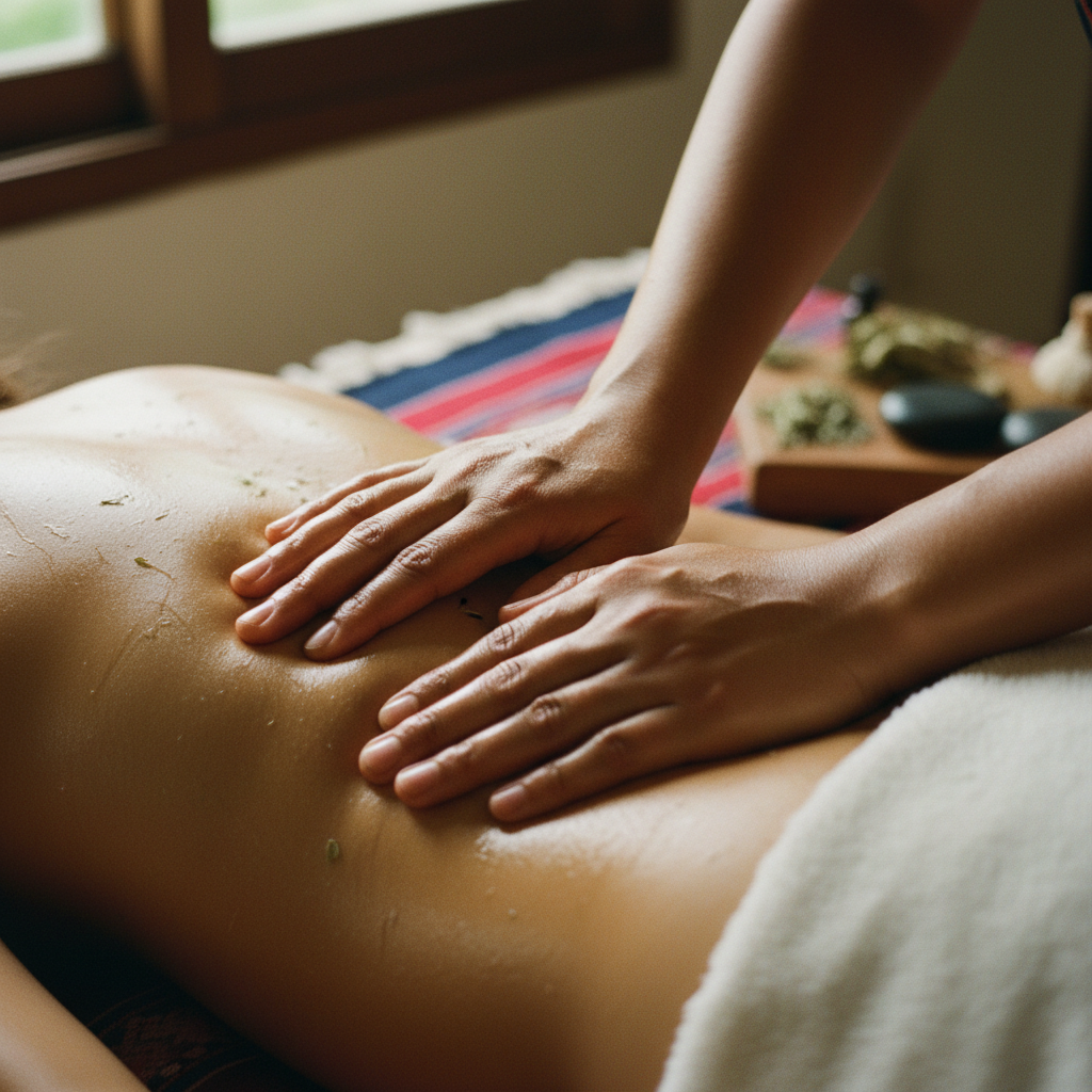 Close up of a therapist's hands performing deep tissue work on a client's back using natural oils.