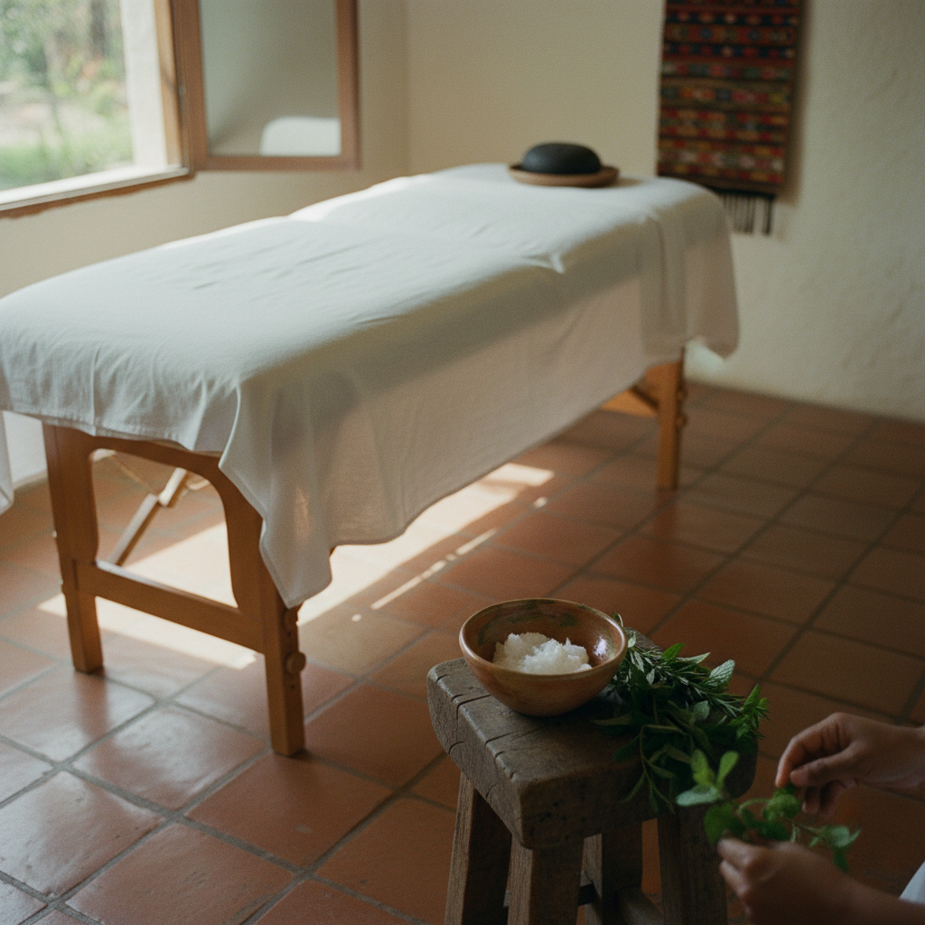 A serene massage room in San Marcos La Laguna featuring a wooden massage table with white linens and a small bowl of local coconut oil.