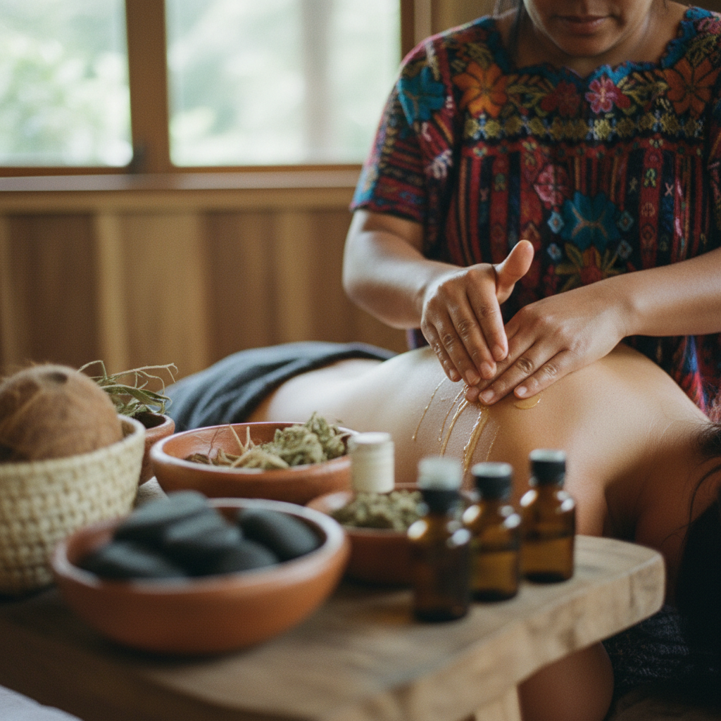 Hands of a Maya practitioner performing a massage with herbal oils on a client's back.