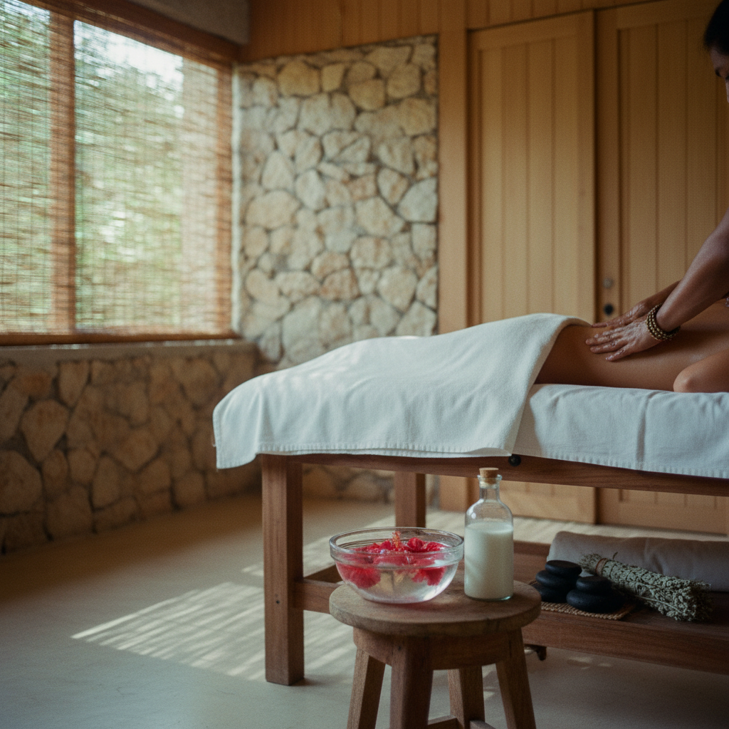 A serene massage room in San Marcos La Laguna featuring a wooden table with white linens and a bottle of local coconut oil.
